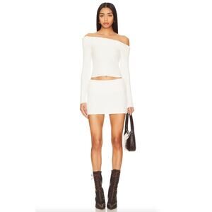 superdown | Ava Skirt Set in Cream Off White Ribbed Knit Top & Mini S